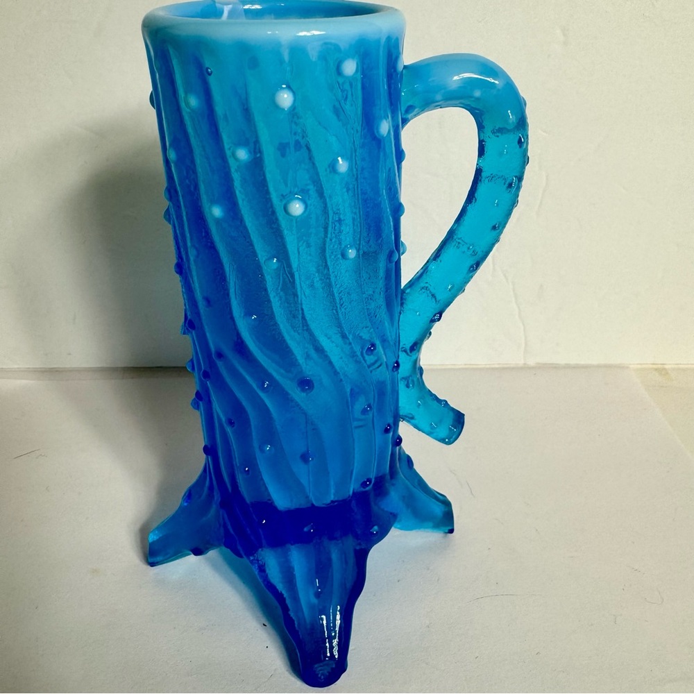 Vintage Northwood Blue Town Pump Tree Trunk Creamer glass with handle.